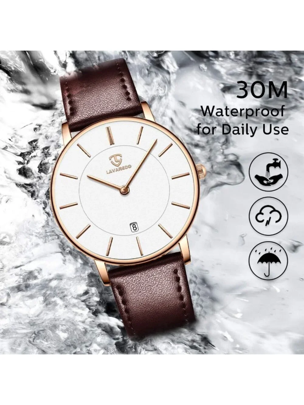 Men's Brown White Leather Strap Analog Minimalist Fashion Simple Wrist Watch